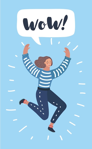 Pop art young excited woman jumping and gesturing great thumbs up with comic speech bubble vector il