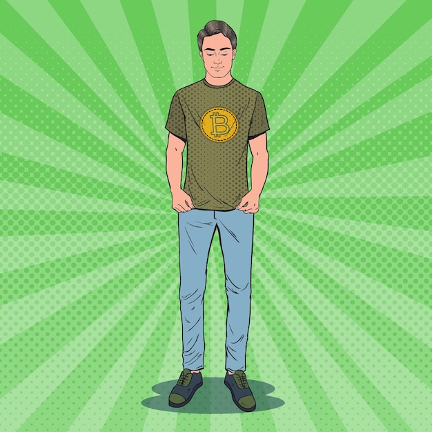 Pop art young man wearing in t-shirt with bitcoin print