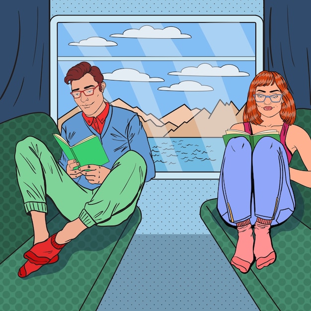 Vettore pop art giovane uomo e donna in viaggio