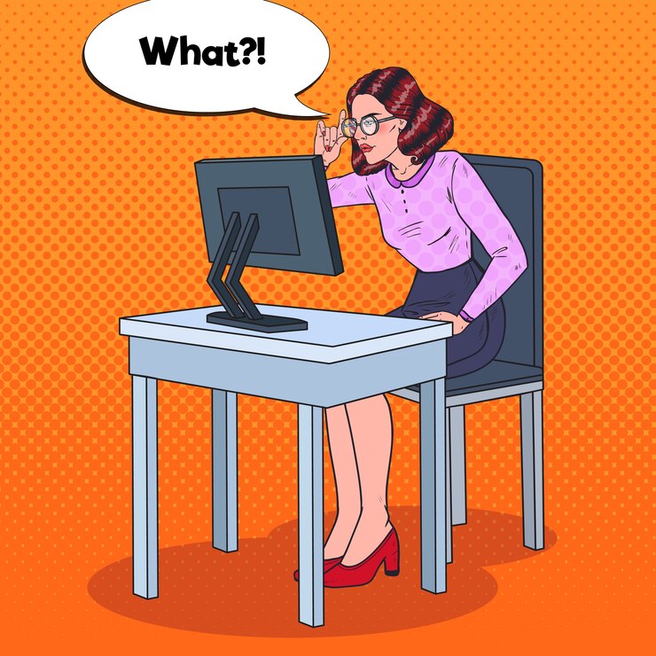 Vector pop art young weak-eyed business woman working at the computer