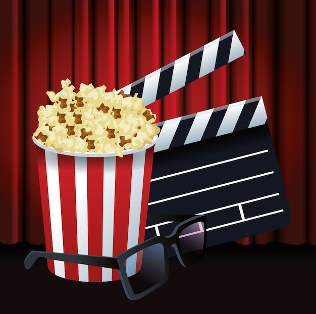 Vettore secchio di pop corn con assicella e occhiali 3d su tende cinema rosse