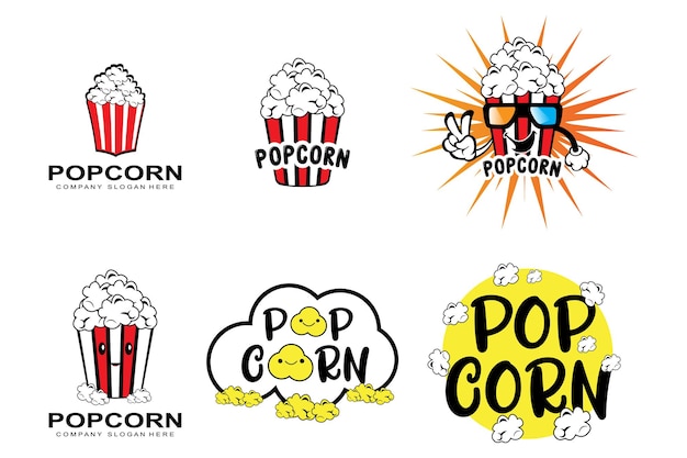 Il vettore dell'icona del logo del pop corn fa esplodere l'illustrazione del concetto di snack cinematografici