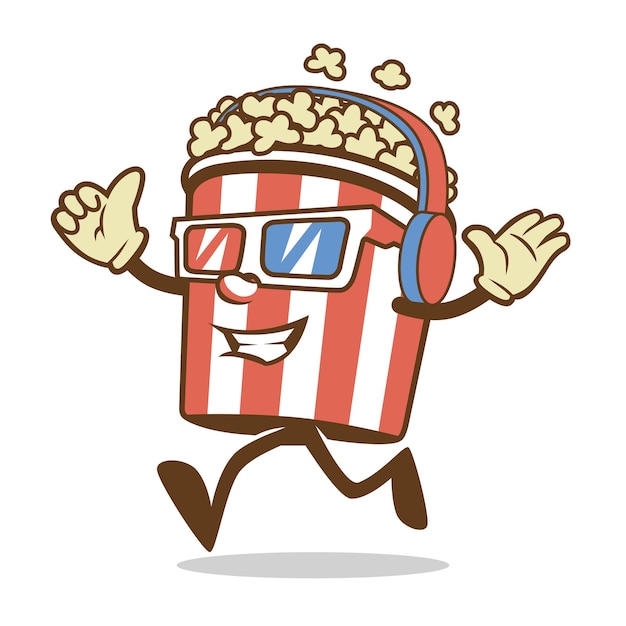 Pop corn mascot design con cuffie happy e thumb up hands e indossare occhiali da film