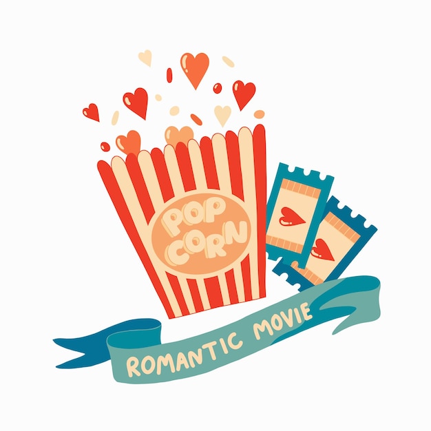 Pop corn con biglietti per il cinema romantico e adesivo vettoriale con cuori