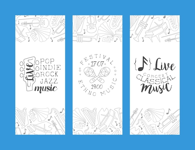 Indie pop rock jazz vertical ethno music festival banner template concerto musicale dal vivo vettore illustrazione