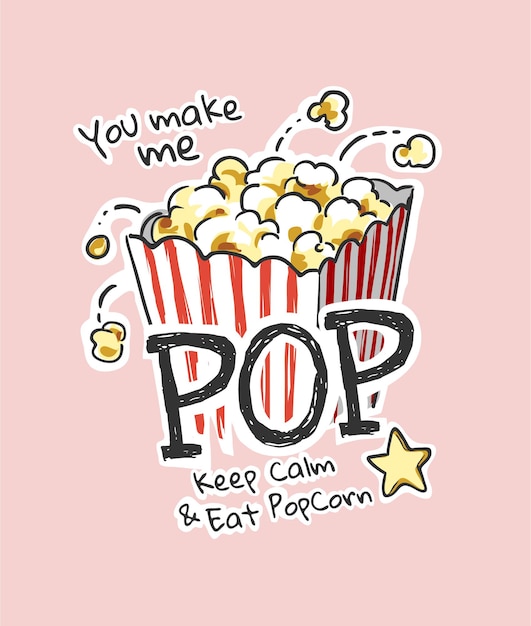Vettore slogan pop con illustrazione di popcorn del fumetto