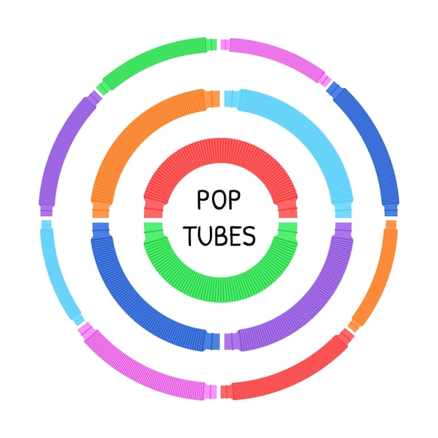 Pop tubes circle composition. trendy 2021 sensory fidgets poptubes isolated collection. popular antistress toys for children. pop tubes text. vector set illustration.