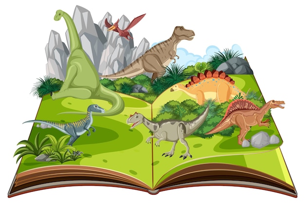 Vettore libro pop-up con scena della natura all'aperto e dinosauro