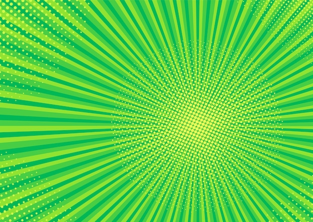 Popart achtergrond. Komische textuur met halftoon en zonnestraal. groen