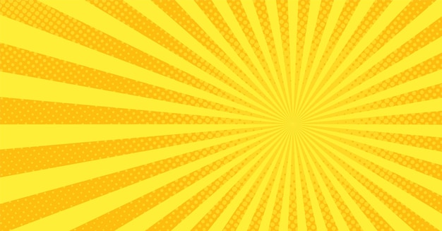 Popart achtergrond. strip cartoon textuur met halftoon en zonnestraal. geel vuurwerkpatroon. retro-effect met stippen. uitstekende zonneschijnbanner. superheld wow achtergrond. vector illustratie.