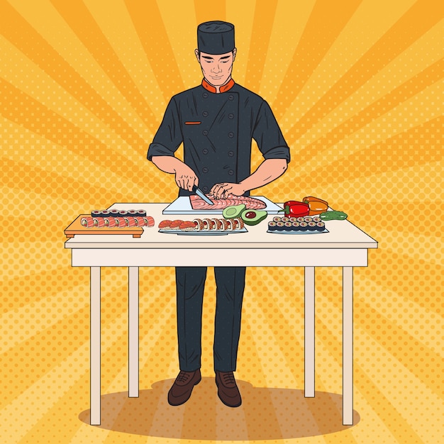 Popart chef-kok sushi maken. japans traditioneel voedselbereidingsproces.