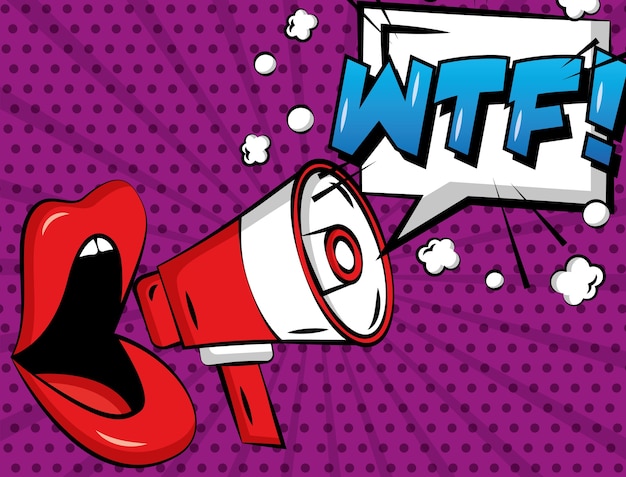 Popart comic vrouw lippen megafoon reclame wtf tekstballon