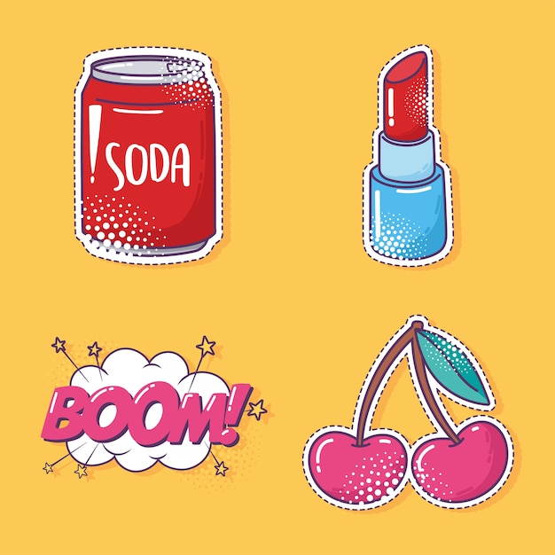 Popart element sticker icon set, frisdrank, kers, lippenstift en giek