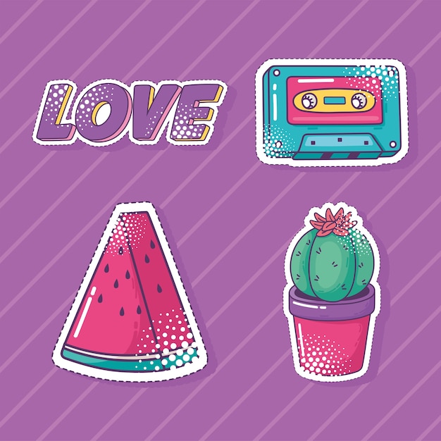 Vector popart element sticker icon set, watermeloen, cassette, cactus en liefde illustratie