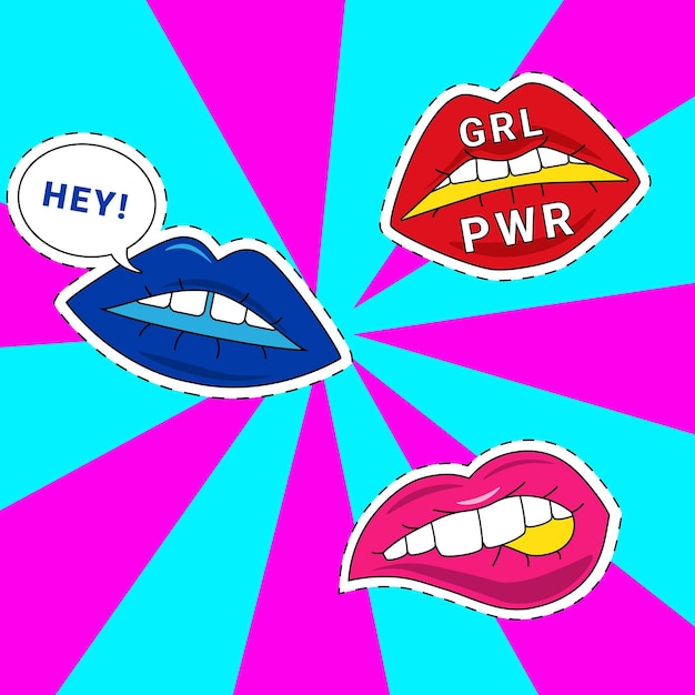 Popart heldere vrouwelijke lippen abstracte kaart of poster meisje poser en hey tekst trendy meisje gezicht deel sexy glimlach komische retro stickers vrouw mond op lichte achtergrond vectorillustratie