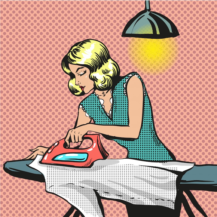Vector popart illustratie van vrouw strijken van kleding