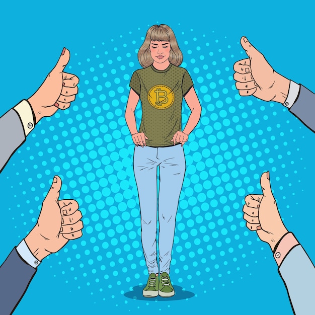 Popart jonge vrouw draagt in t-shirt met bitcoin print