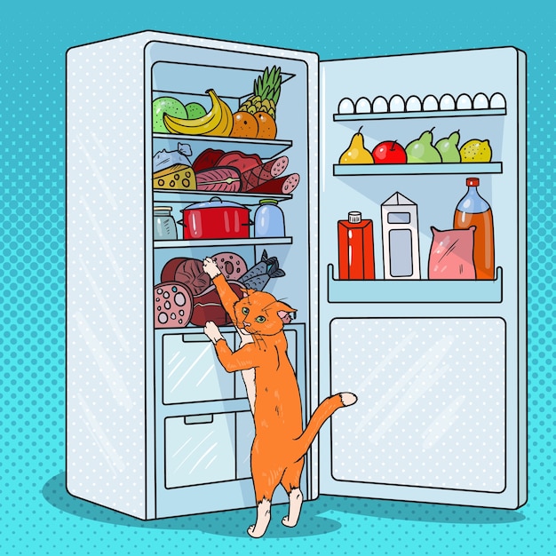 Popart kat steelt voedsel uit koelkast