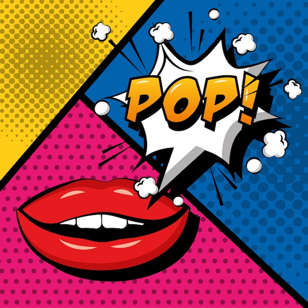 Vector popart komische sensuele lippen pop tekstballon