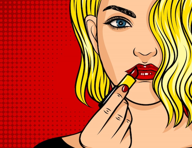 Popart komische stijl illustratie, blond meisje met rode lippenstift en golvend haar