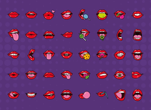 Popart lippen pictogrammenset over paarse achtergrond, lijn en opvulling stijl