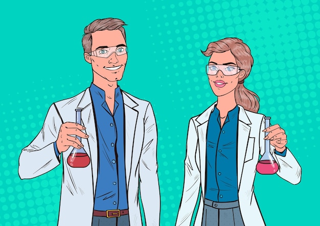 Popart man en vrouw wetenschappers met kolf. laboratoriumonderzoekers. chemie farmacologie concept.