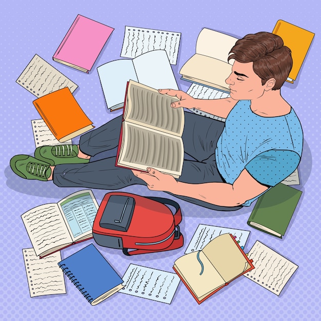 Popart mannelijke student lezen van boeken zittend op de vloer. Tiener voorbereiden op examens. Onderwijs, studie en literatuurconcept.
