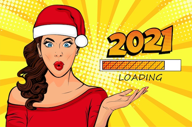 Popart meisje kijken naar laadproces wachten op nieuwjaar