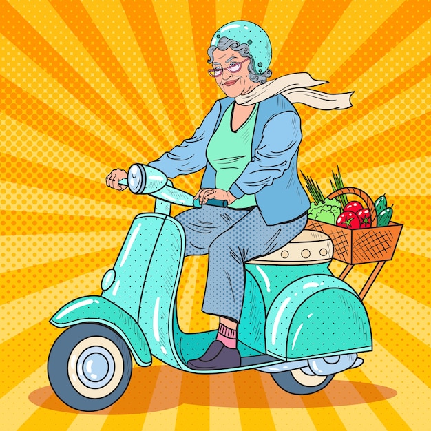 Popart senior vrouw scooter rijden