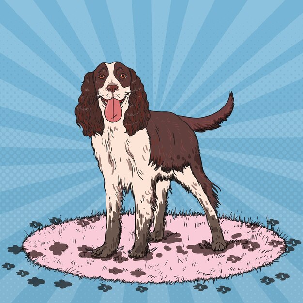 Vector popart springerspaniël. leuke vuile hond.