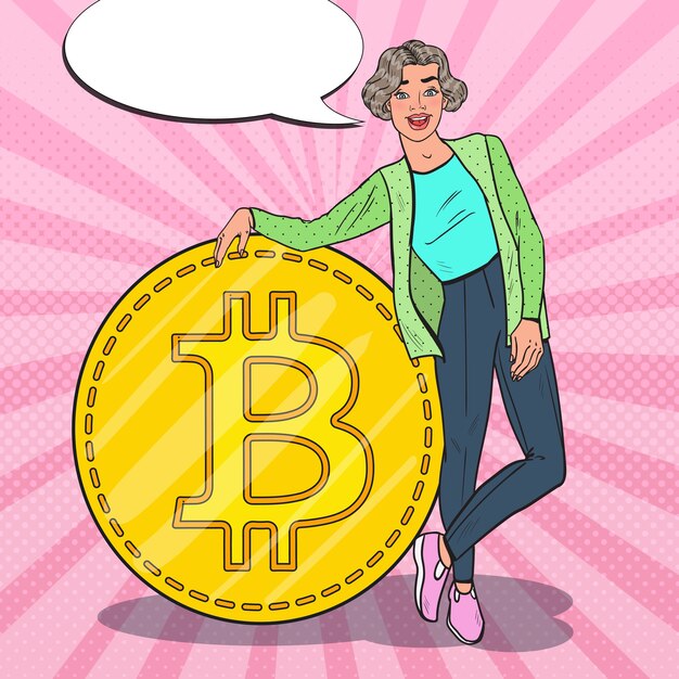 Popart succesvolle vrouw met grote Bitcoin