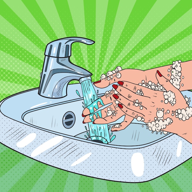 Vector popart vrouw handen wassen. hygiëne huidverzorging gezondheidszorg concept. vrouwelijke handen schoonmaken met schuim van zeep.