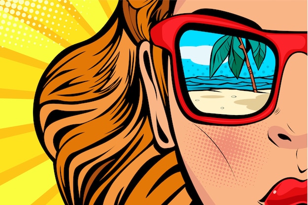 Popart vrouw met strand en zee reflectie in de zomer.