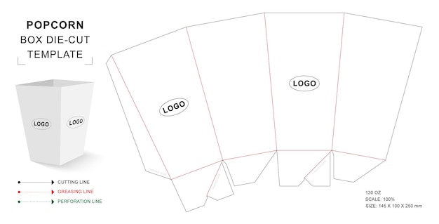 Popcorn box 130 Oz Die cut template