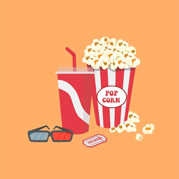 Popcorn box and soda cup vector set Cinema vector set of popcorn bucket soda cup 3d glasses