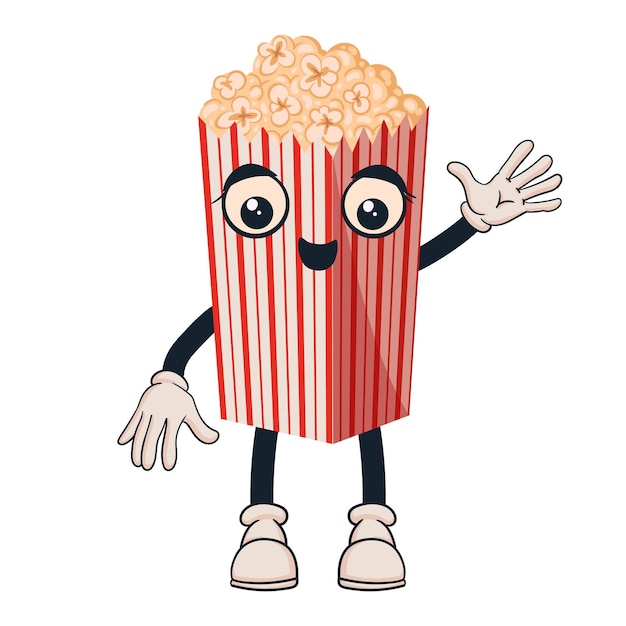 Secchiello per popcorn divertente mascotte cartoon popping mais simpatico personaggio con emozioni braccia e gambe piatte illustrazione vettoriale