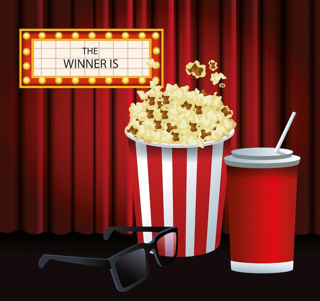 Vector popcorn bucket with glasses and soda cup