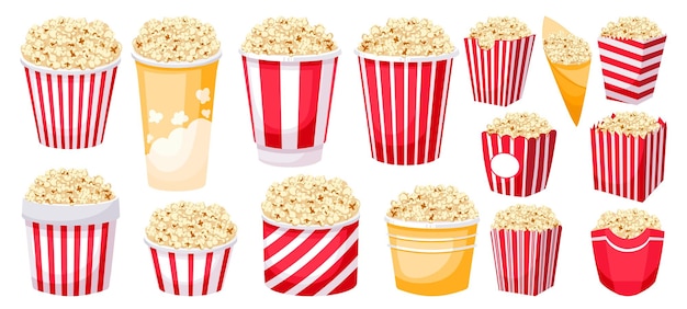 Popcorn buckets Cartoon holiday snacks mockup for film and TV watching large medium and small sizes of popcorn paper cups Vector movie fun food set