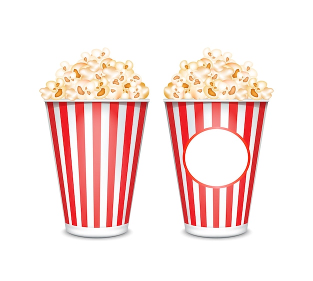 Popcorn in cardboard or paper buckets red and white striped isolated on a white background.