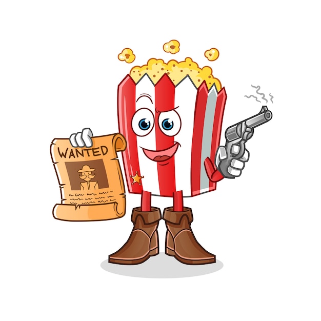 Popcorn cartoon mascotte cowboy pistool en gezocht poster te houden