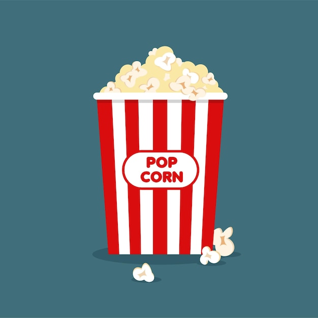 Popcorn in classic striped red white cardboard box in cartoon style. Cinema poster