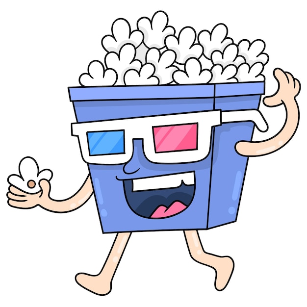 Il contenitore per popcorn indossa gli occhiali per guardare film, illustrazione vettoriale. scarabocchiare icona immagine kawaii.