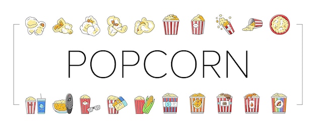 Vettore le icone del cinema pop di mais popcorn impostano il vettore