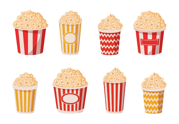 Popcorn cups Cartoon popcorn paper buckets popping corn salty or sweet flavour tv or movie watching snack Striped popcorn bucket flat vector illustration set