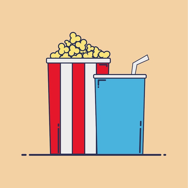 Popcorn en drankjes om naar de film te kijken in een plat ontwerp vector