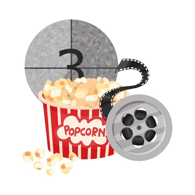 Popcorn Filmstrip en grijs rond frame met nummer 3 Samenstelling uit de bioscoopattributen Vectorillustratie op een witte achtergrond