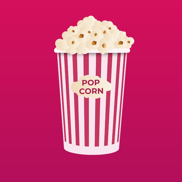 Popcorn A flatstyle movie theater icon A light snack A large red and white striped box Vector illustration