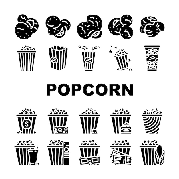 Vector popcorn food snack cinema icons set vector movie corn pop bucket entertainment box delicious tasty film red white striped popcorn food snack cinema glyph pictogram illustrations