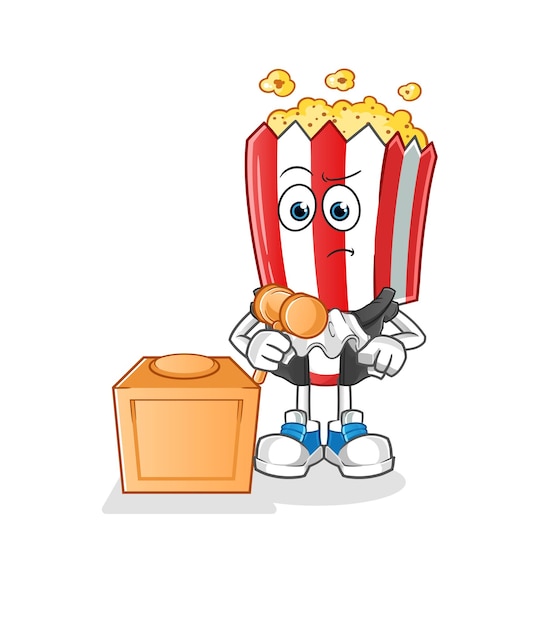 Popcorn head cartoon judge holds gavel character vector