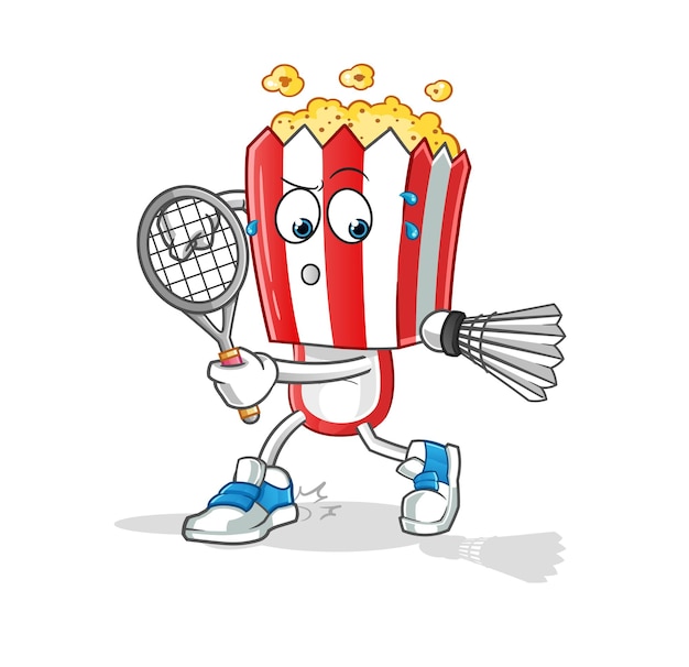 Fumetto della testa del popcorn che gioca vettore del carattere dell'illustrazione del badminton